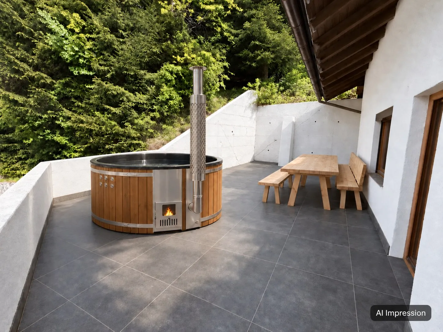 Impression: wood-fired hot tub on the terrace, from December 2026